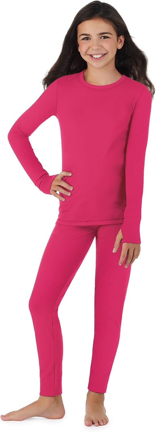 Cuddl Duds Girls Heavyweight Cold Weather Fleece Lined Thermal Set – Long Sleeve Shirt & Leggings – Long Johns for Kids