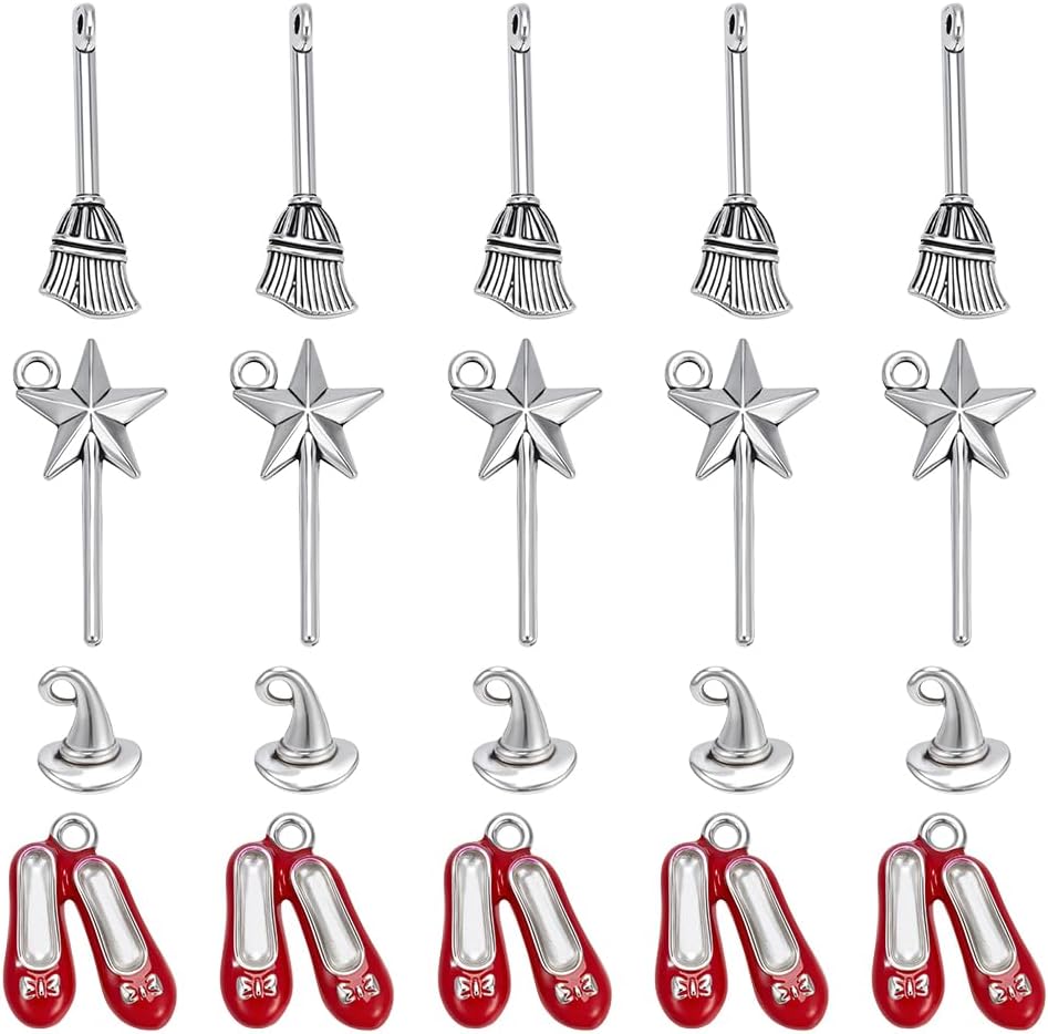PH PandaHall 80pcs Witch Hat Broom Charms Halloween Charms Pendants 4 Styles Magical Charm Red Ballet Shoes Star Charm Tibetan Style Alloy Pendant for Jewelry Making Necklace Bracelet Earring DIY Crafts