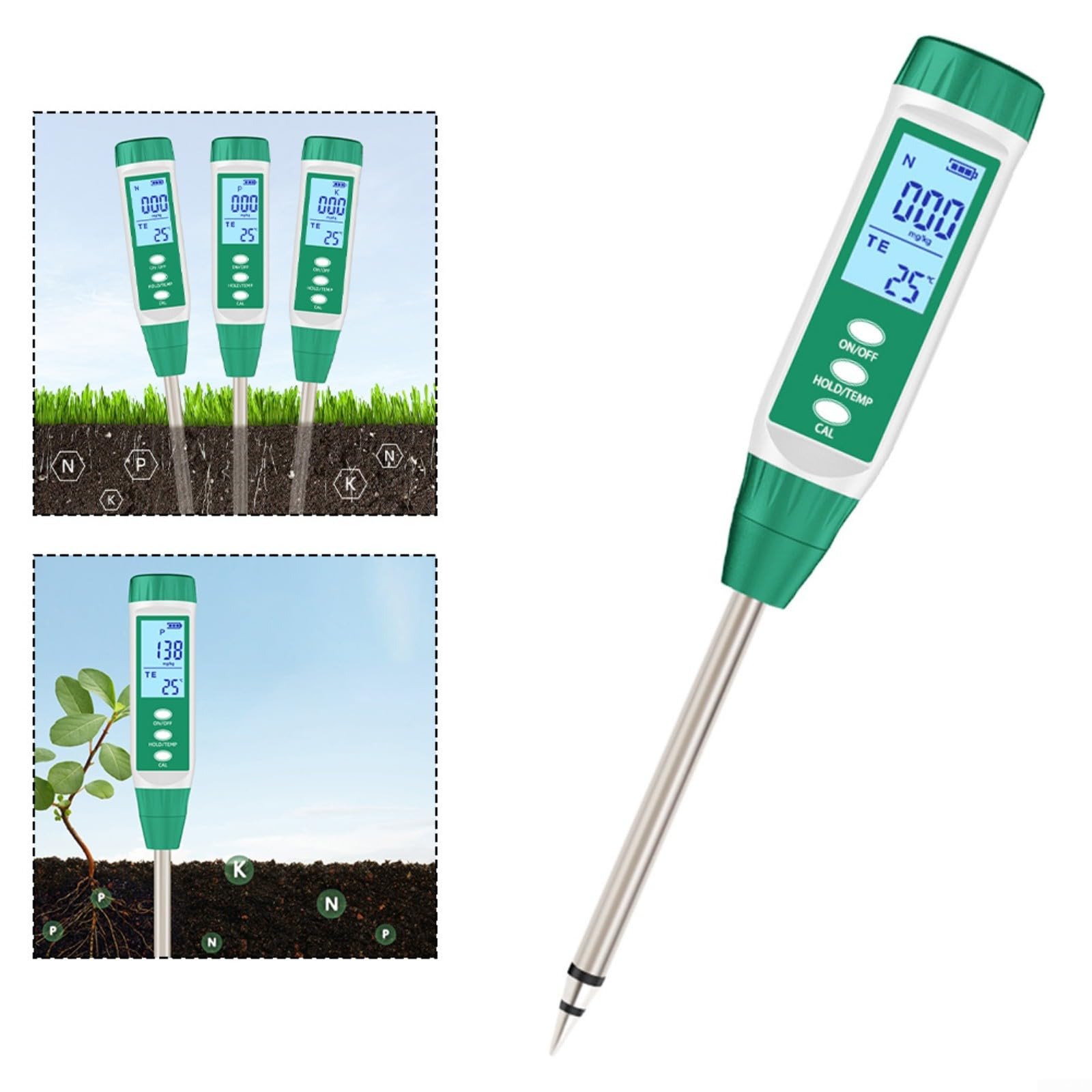 Probador digital de nutrientes del suelo con retroiluminación LCD para horticultura y agricultura, mide N/P/K y temperatura, sensor de alta precisión (probador de fósforo)