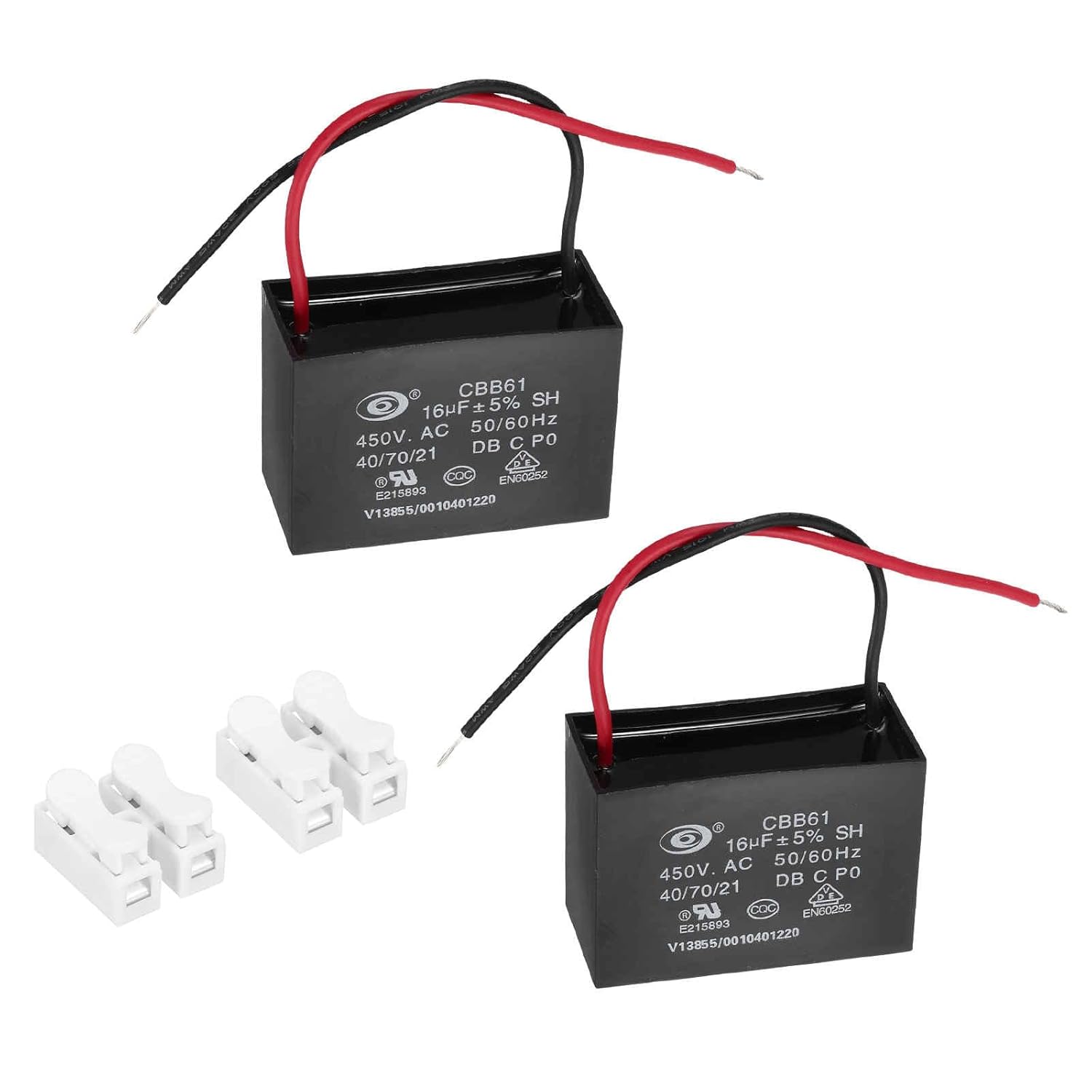 MECCANIXITY CBB61 Ceiling Fan Capacitor, 6uF 450V AC 2 Wires Ceiling Fan Capacitor Replacement with Terminal Blocks for Pump Motor Generator Blower, 2pcs, 47x32x19mm