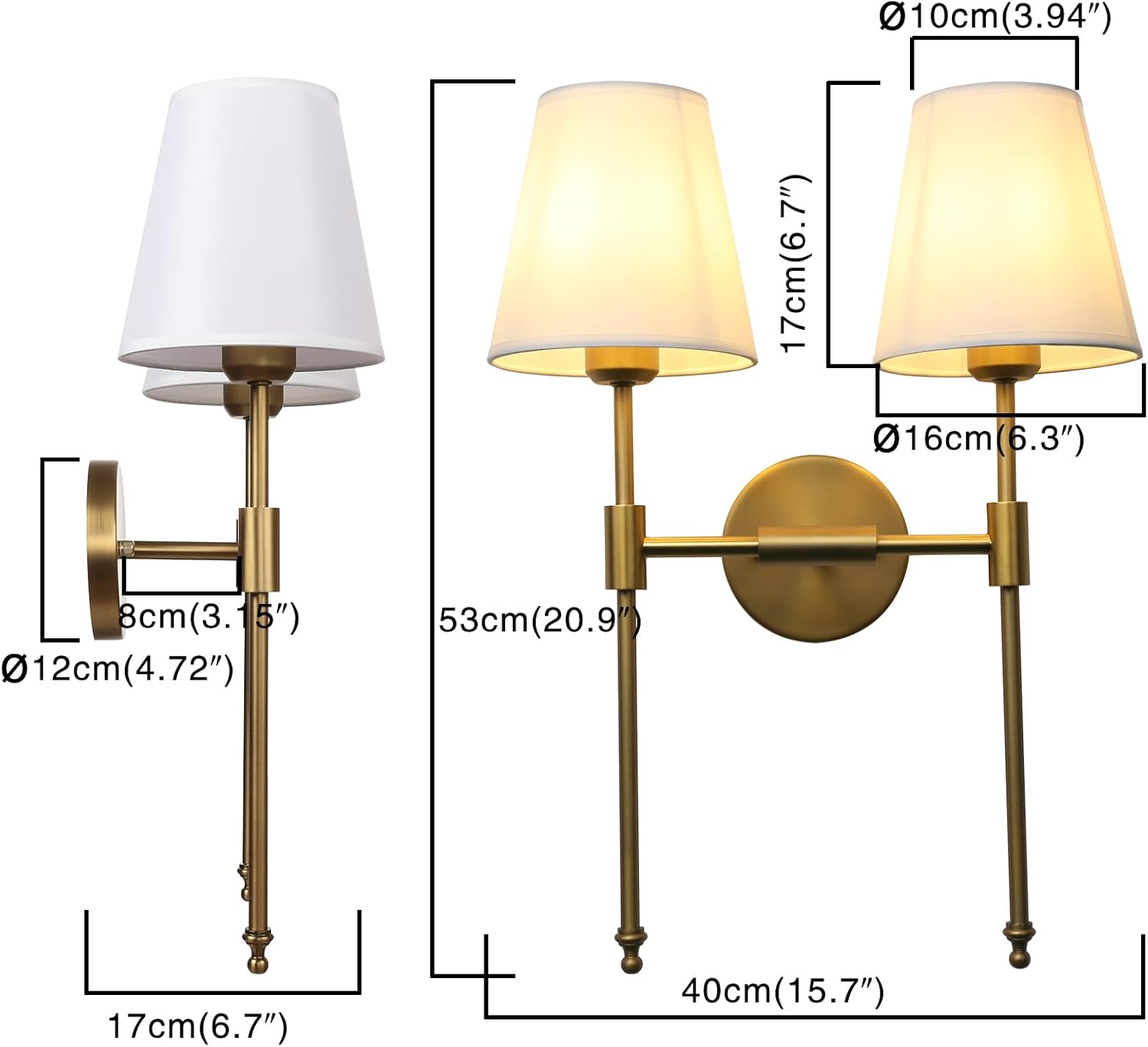 PERMO Classic Rustic Double Sconce Large 2-Lights Wall Sconce with Flared White Textile Lamp Shade and Antique Brass Finished Long Arm, Wall Sconce Light Fixture for Living Room Bathroom Bedroom