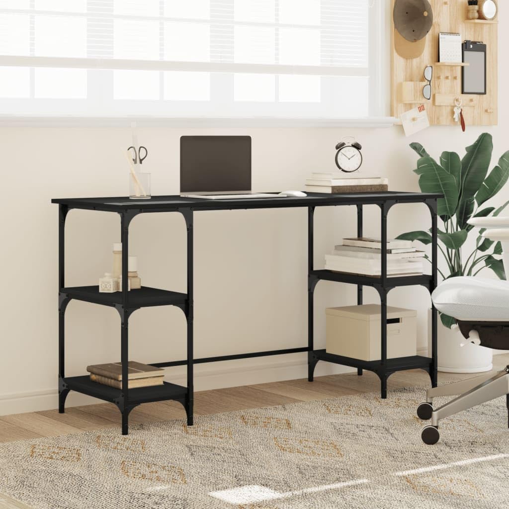 Escritorio negro 140 x 50 x 75 cm de metal y madera con patas ajustables, amplia superficie de trabajo, estantes flexibles para PC, portátil, oficina y oficina en casa