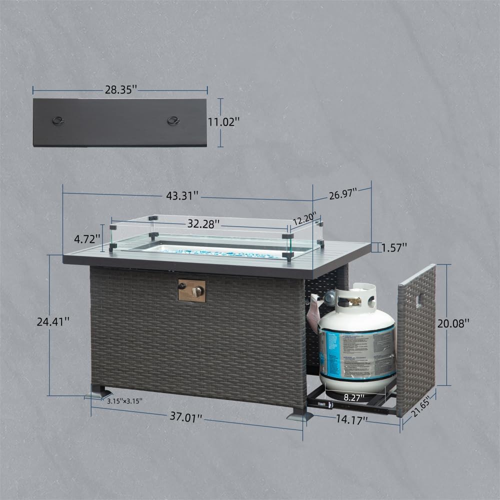 Premium Outdoor Fire Pit Table with Tempered Glass Wind Guard, Smokeless Propane Gas Fire Feature, All-Weather Wicker Design for Patio or Deck