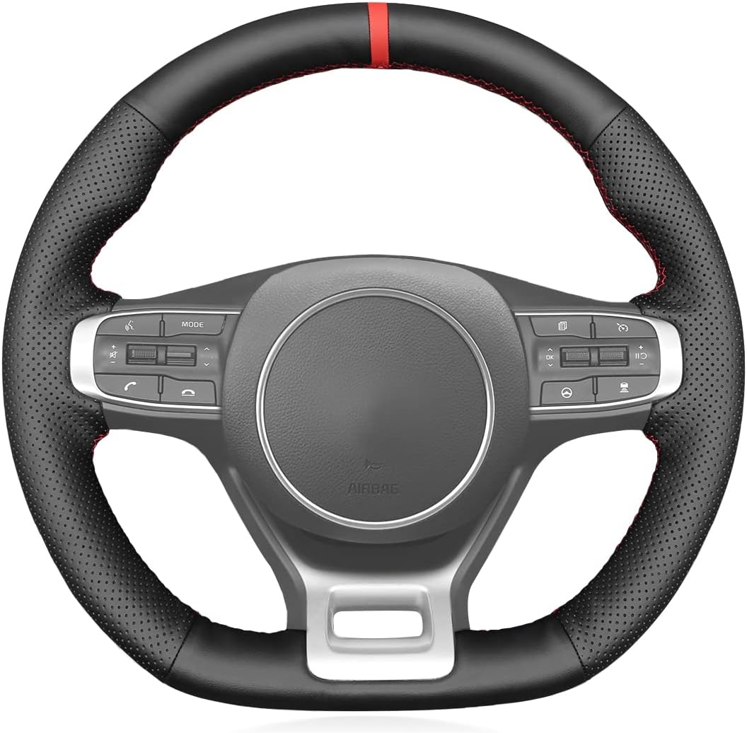 MEWANT Custom Hand Stitch Black Artificial Leather Steering Wheel Cover for Kia Optima Kia K5 GT GT-Line Sedan 2021-2022