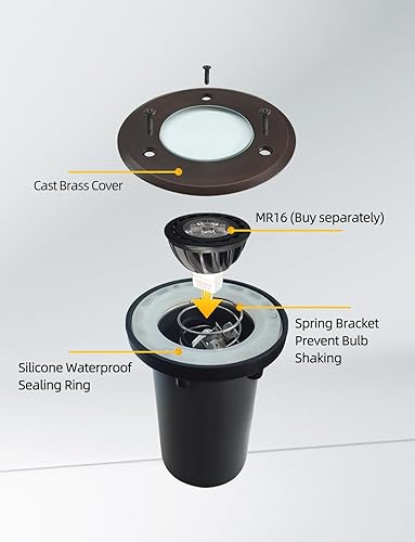 Miniatura 9 de COLOER Luces de pozo de latón fundido a presión, paquete de 4 con bombilla, 5 W 2700 K, luz blanca cálida para exteriores, luces LED de bajo voltaje