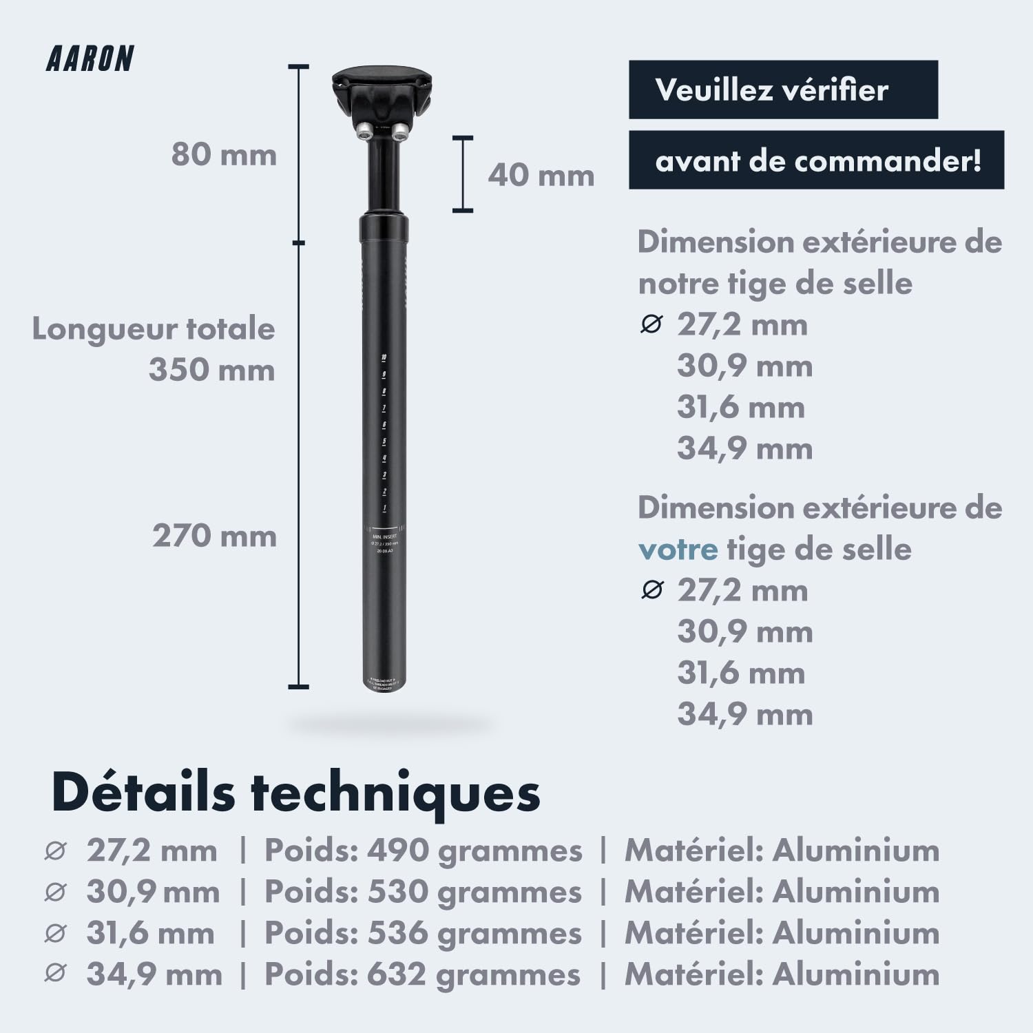 AARON - Tige de Selle de vélo Suspendue à Ressort - Aluminium - pour vélo électrique/VTT/VTC/vélo de Ville/Autre - Noir - diamètre 27,2mm, 30,9mm, 31,6mm / Longueur 350 mm
