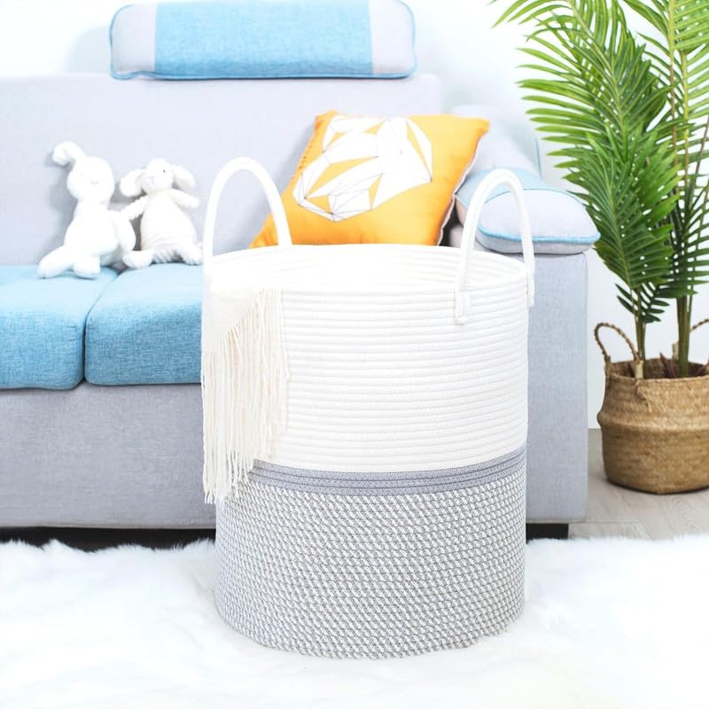 Image of Storage Rope Laundry Hamper Basket for Clothes, Towels and Blankets in Livingroom, Bedroom, Laundry Room and Basket for Nursery Storage (Size - 15 inch x 15 inch x 18 inch) (White Grey)