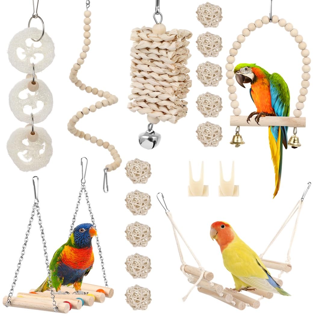 Generisch 18 STK. Vogel- und Papageienspielzeug, Schaukelspielzeug zum Aufhängen im Vogelkäfig, Käfigzubehör für Wellensittiche, Sittiche, Conures, Nymphensittiche, Mynahs, Agaporniden und Finken