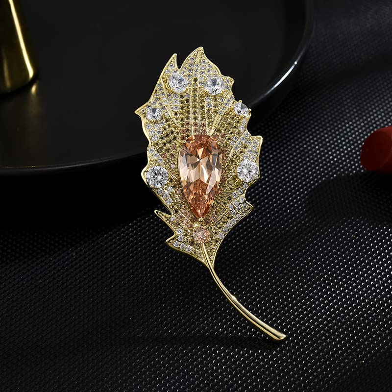 Image of Rhinestone Leaf Brooch Pins - Crystal & Gold-plated Lapel Pin Jewelry for Women - Birthday Gift for Wife or Friends