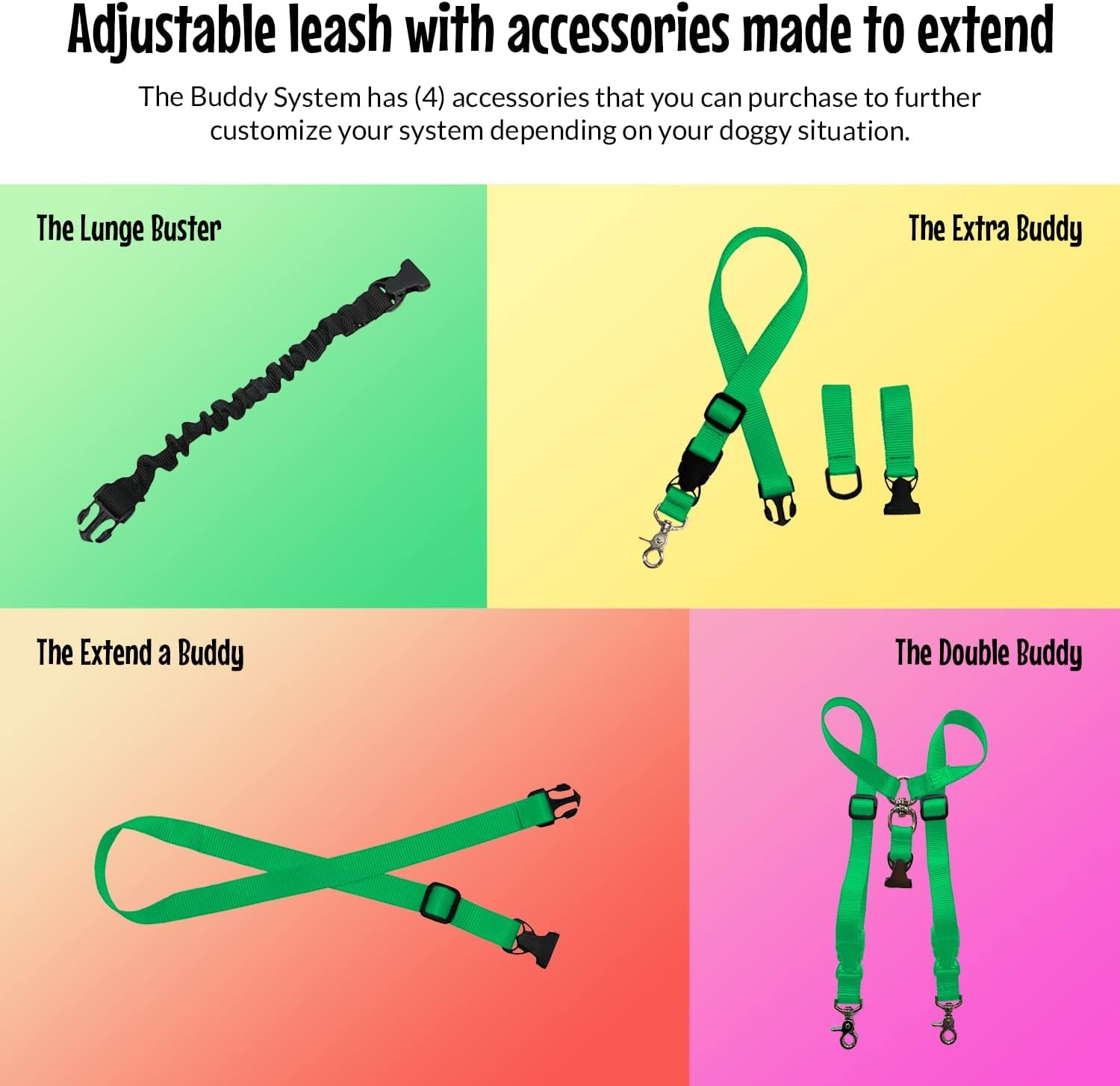 The Buddy System Hands Free Dog Leash, Adjustable Leash for Running, Jogging, Training and Service Dogs, Great for Small, Medium and Large Dogs, Made in USA (Green, Large Belt (27"- 50" Waist))