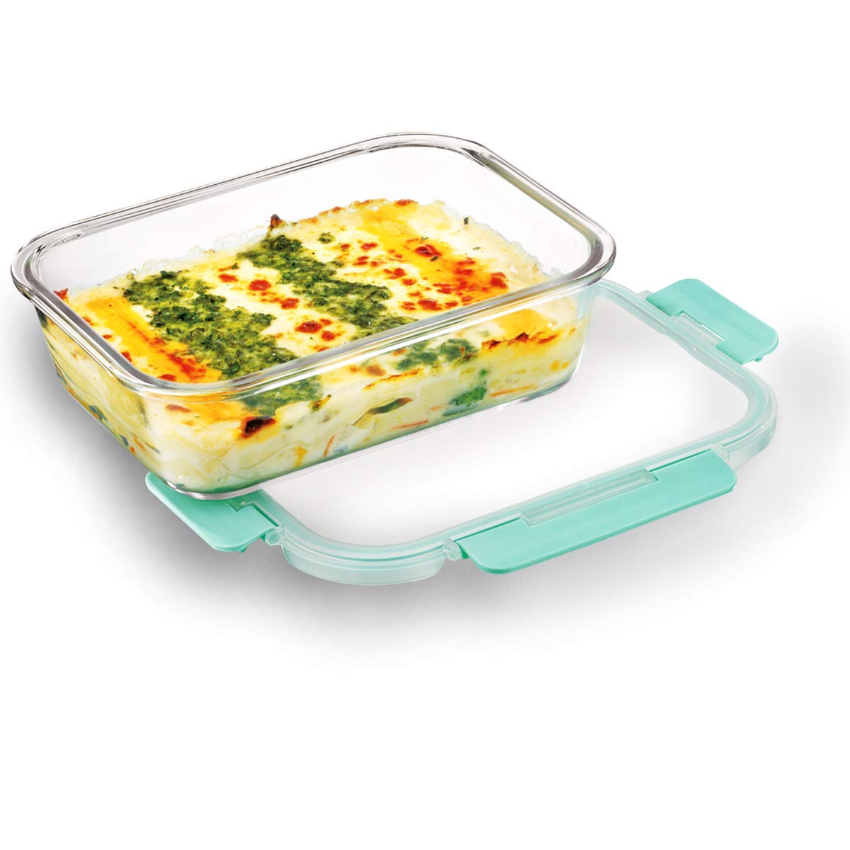 Allo Food Safe High Borosilicate 1040ml Rectangle Glass Food Storage Container with Break Free Detachable Lock, Oven Safe, Microwave Safe, Leak Proof – Set of 4, Transparent