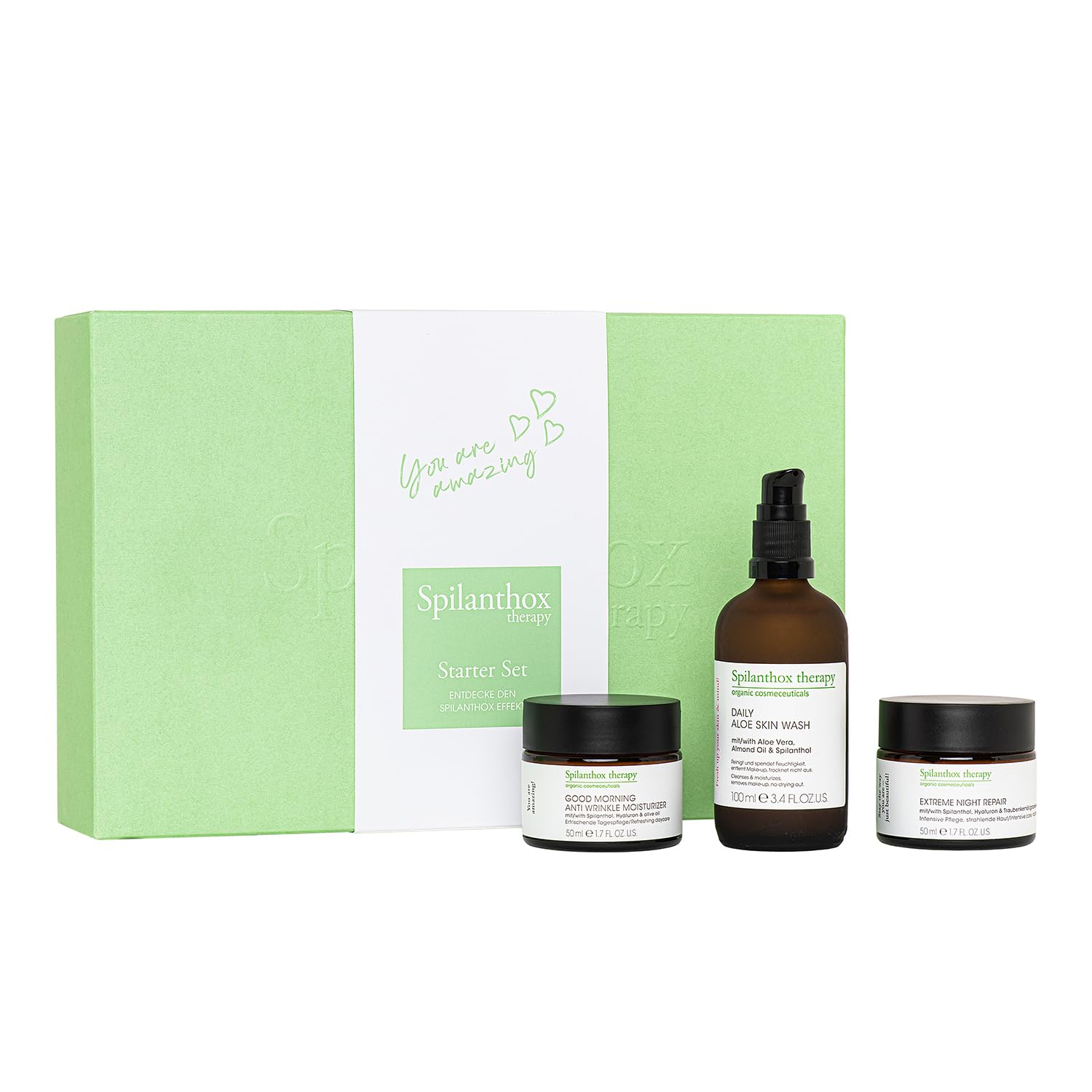 Spilanthox therapy - Starter Set - Mit Anti Wrinkle Moisturizer (30ml), Aloe Skin Wash (100ml), Eye Lifting Fluid (15ml) & Night Repair (50ml) - Anti-Aging Gesichtspflege mit Spilanthol & Hyaluron