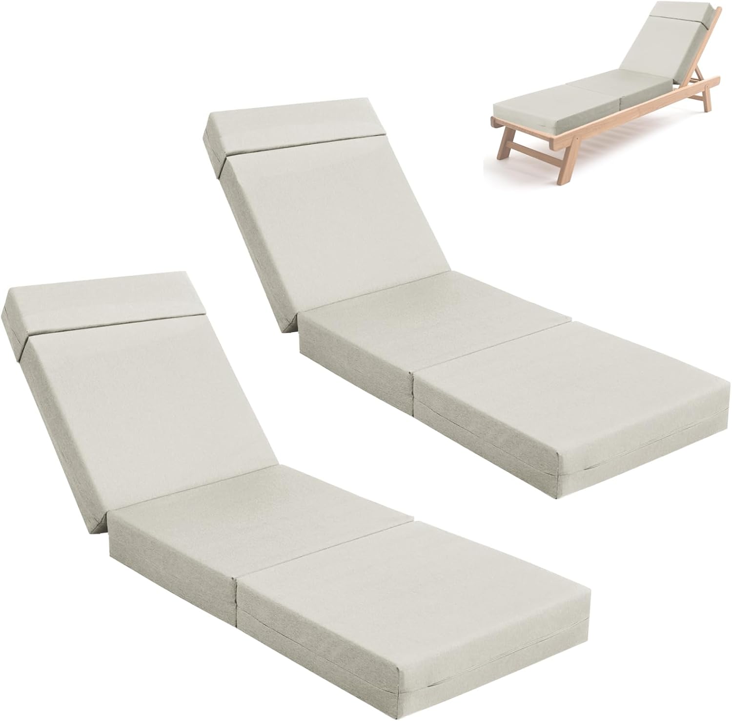 NAIZEA Chaise Lounge Cushions Set of 2-72 x 21 x 5 Inch Extra Thick Outdoor Lounge Chair Cushion, Waterproof and Fade Resistant Sun- Patio Lounger Pads with Removable Cover for Pool, Deck, Lawn,Beige