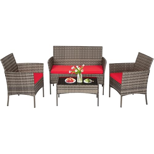 FDW | 4-Piece Patio Furniture Set | Gray & Red |Outdoor Wicker Furniture with Coffee Table | Modern Rattan Chairs Conversation Set | Outdoor Seating | Weather-Resistant | for Porch, Garden, Lawn