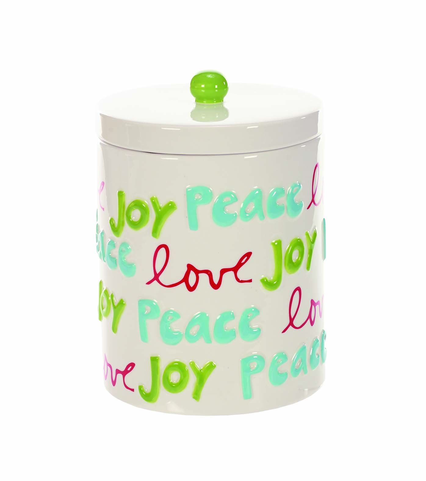 Napco Joy Peace Love Glossy White 5 x 6 Inch Durable Ceramic Cookie Jar Container