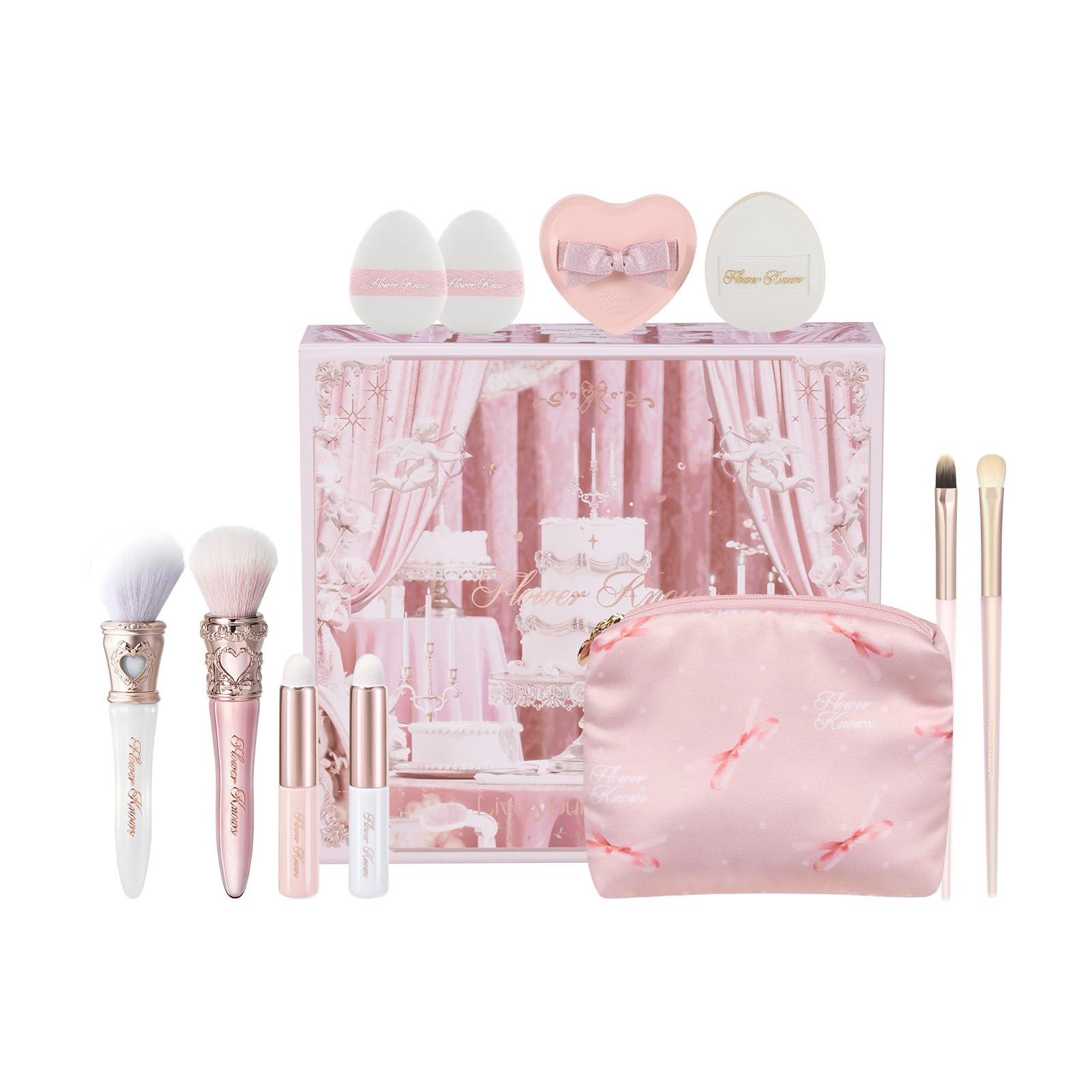 Flower Knows Makeup Brush Set 12 Pcs,Travel-Friendly with Non-Shedding Bristles,Include Blush,Lip,Eyeshadow,Concealer Brush,Foundation Powder Puff,with Storage Bag,Gift Box