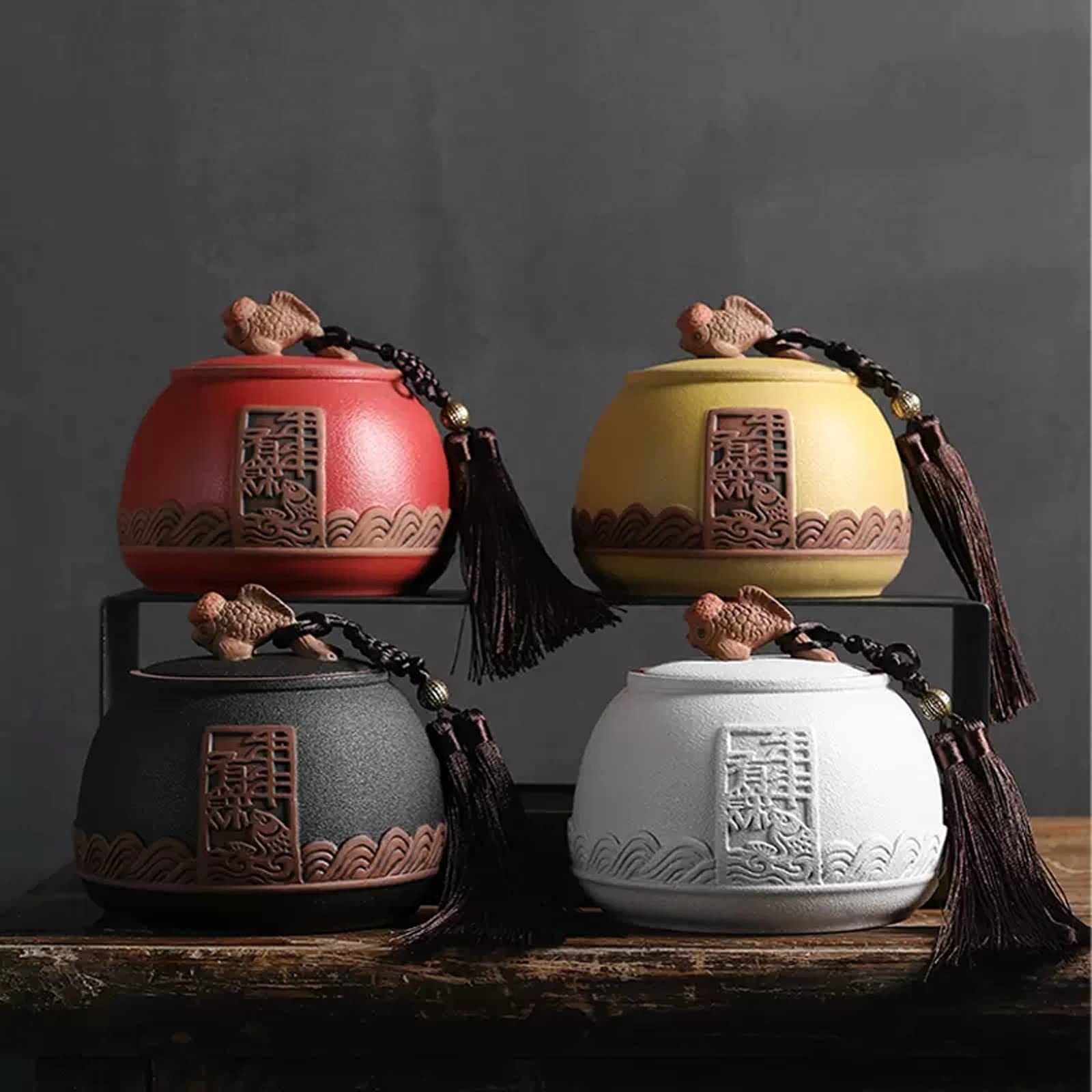 Recipientes de Cocina Lata de té Suelta de cerámica Rugosa Retro, Lata de té ... Almacenamiento de té(White-b,Pequeño)