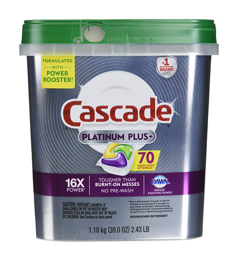 Cascade Platinum Dishwasher Pods, ActionPacs Dishwasher Detergent with Dishwasher Cleaner Action, Lemon Platinum Plus, 70 Count