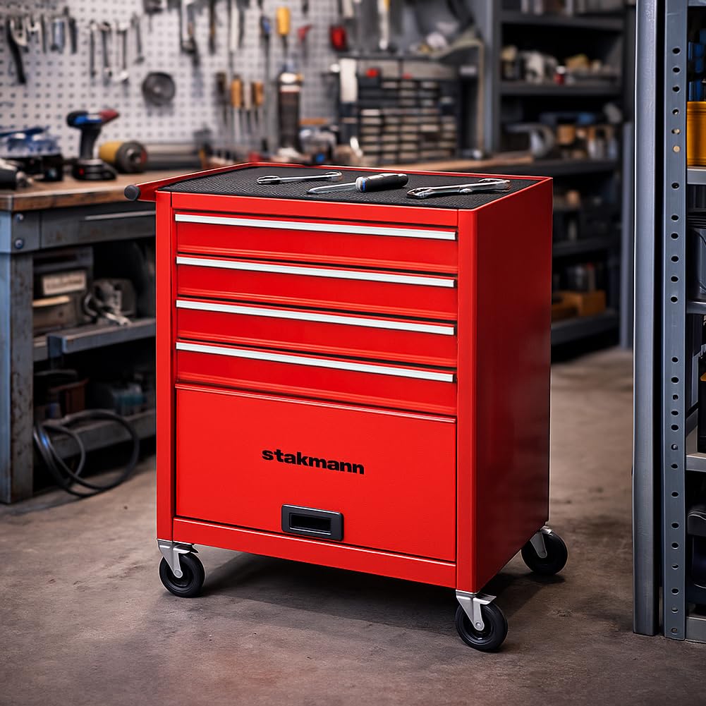 Carrello Portautensili con 4 Cassetti in Acciaio, Carrellino per Attrezzi Multiuso, Armadietto per Strumenti di Lavoro con Ruote Piroettanti, Ideale per Officine, Garage, Fai da Te (Rosso)