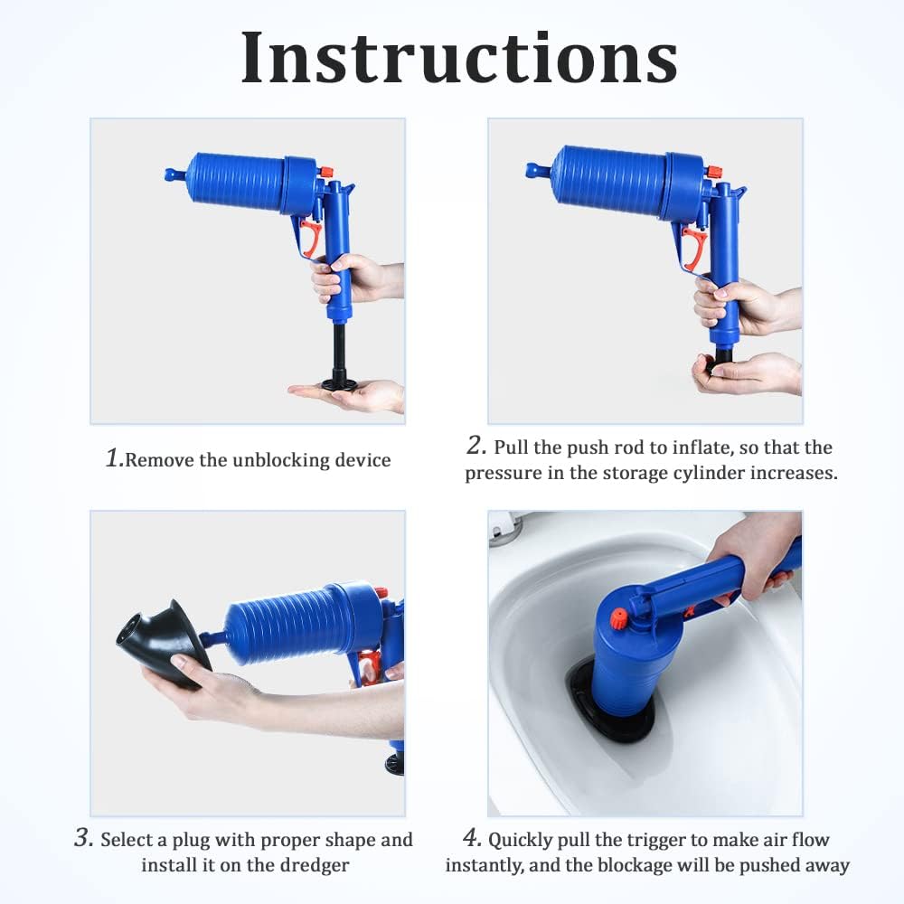 YUEWO High Pressure Toilet Plunger, Air Drain Blaster Kit with 4 Sized Suckers Drain Clog Remover Unblocker for Bathroom Kitchen Bathtub Toilet Floor Drain