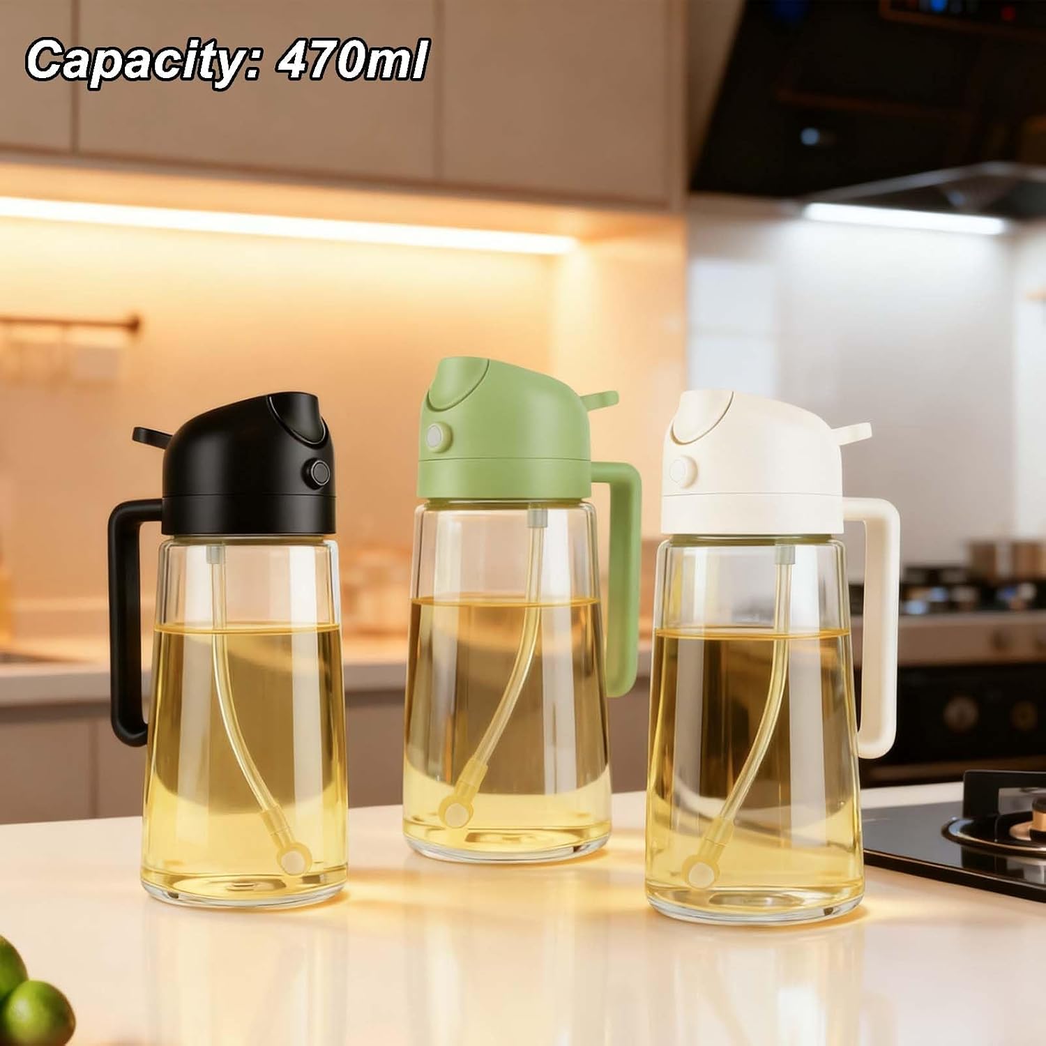 16oz Glass Oil Spray Bottle, 2-in-1 Dispenser with Pour Spout, for Cooking Air Fryers Salads BBQ(Black)