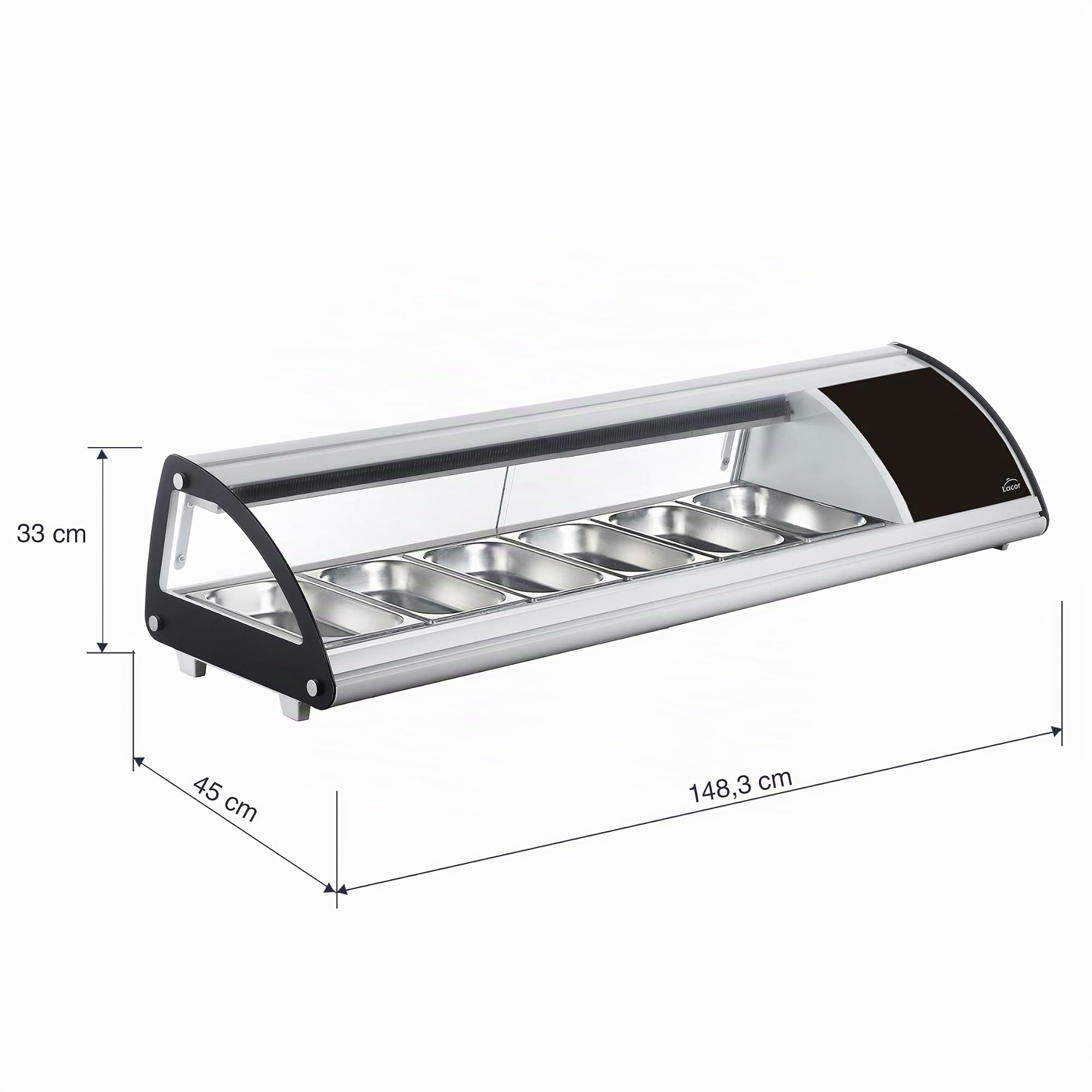 Lacor - 69606 - Vitrina Refrigerada, Expositor de Alimentos, Cristal y Acero Inoxidable, Capacidad: 6xGN 1/3, 160 W, Termostato Regulable: 0ºC - 12ºC