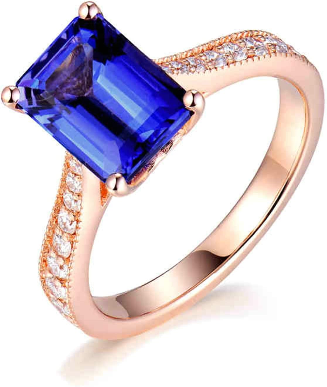 18K Rose Gold Ring 4ct Rectangular Shape Tanzanite with 0.27ct Diamond Anniversary Ring for Girls