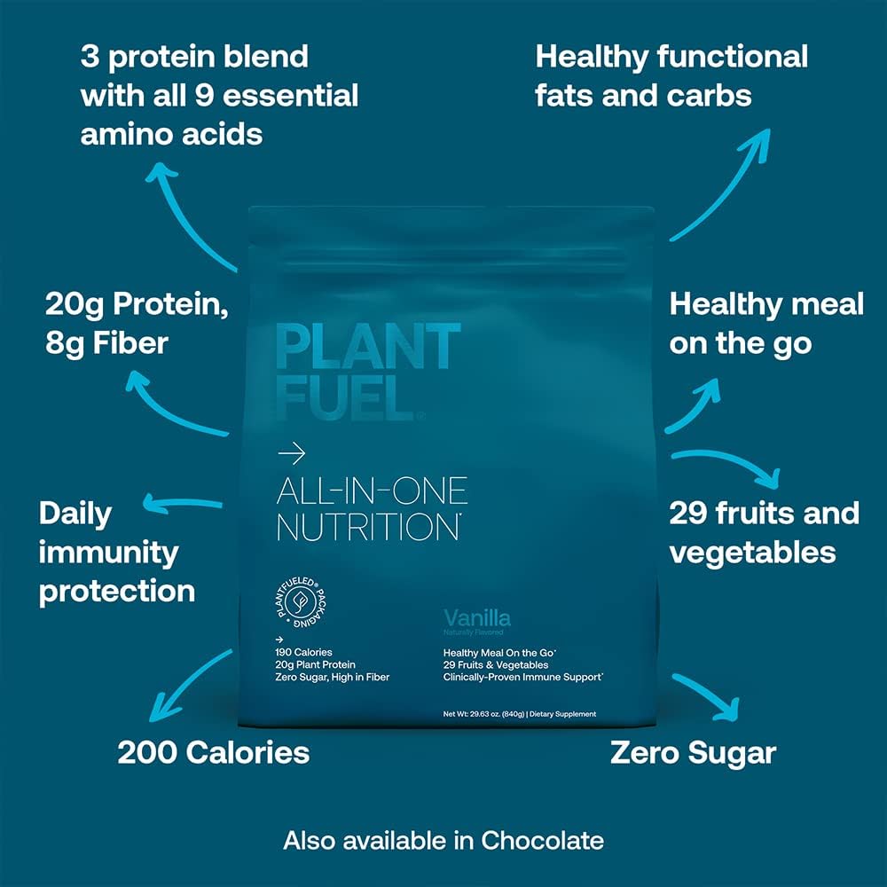 Plantfuel Vegan All-in-One Nutrition Meal Replacement, Vanilla - Superfood Packed Plant Based Protein Powder, 20g Protein, 5g Fiber - 20 Servings