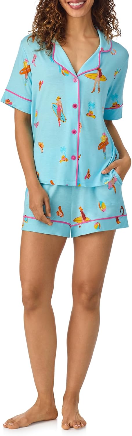 Room Service Womens Pajama Sets, Short Sleeve Stretch Rayon Button Down Top with Shorts 2 Piece Lounge Sets for Women