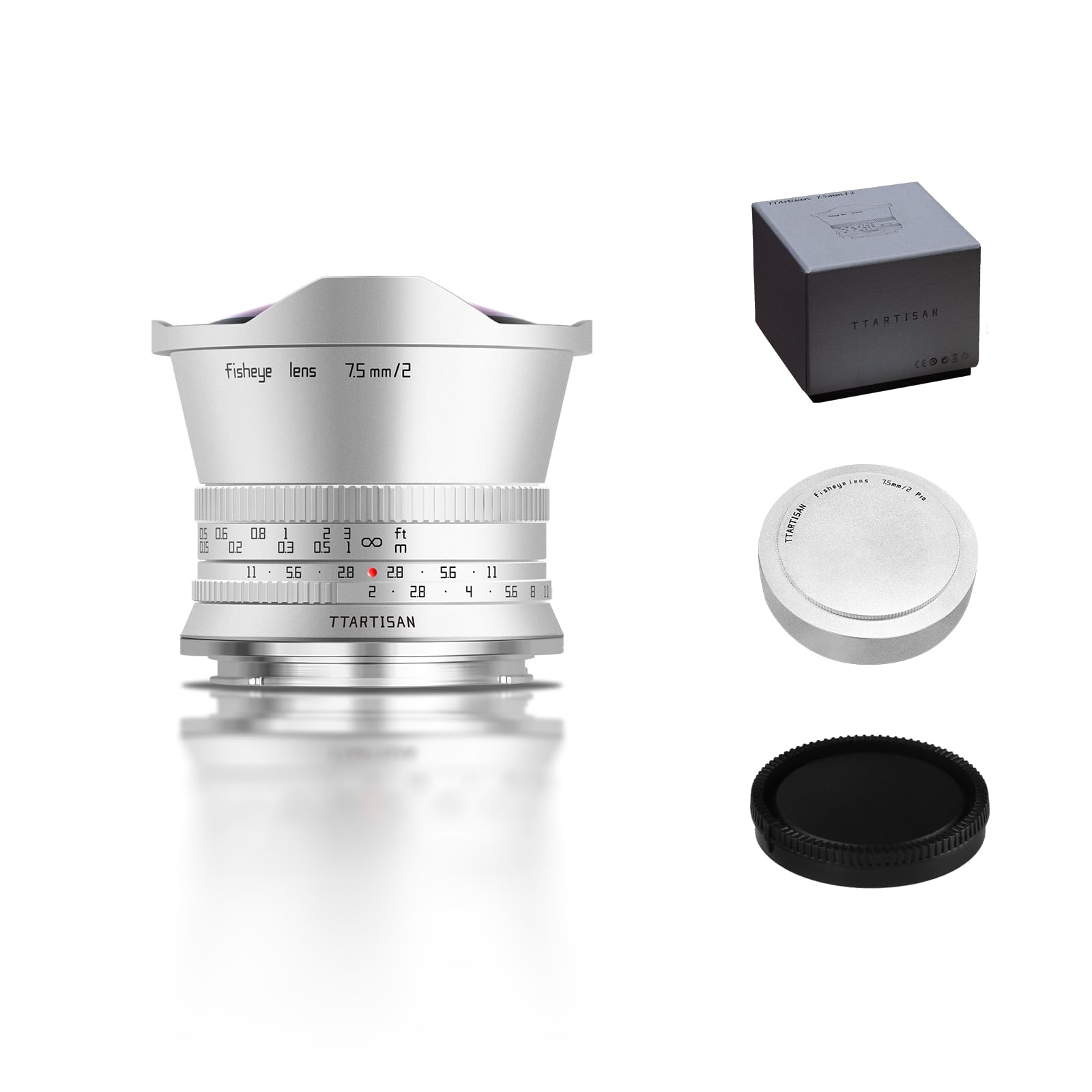 TTARTISAN APS-C Objectif Ultra Grand Angle 7,5 mm F/2 Fisheye RF argenté pour Canon RF à baïonnette EOS R7 R10 R50 R5 R6 R3 R8 (baïonnette RF)