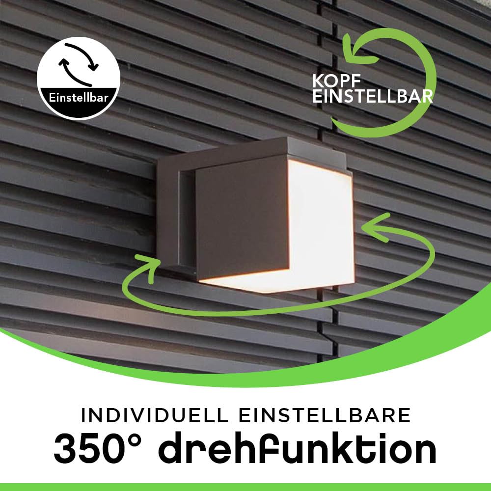 LUTEC LED Außenwandleuchte CUBA, moderne Außenlampe aus Aluminium in Anthrazit und weißem Polycarbonat, Wandleuchte 350° drehbar, mit Lichteffekten an der Wand, moderne Außenlampe