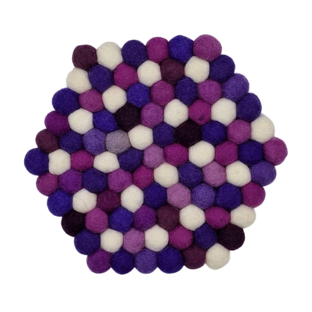 Grült Home Trivet - Felt Trivet for Cups Pots, Pans and Cups, Hand-Felted in Nepal (Purple, Hexagonal 10 cm)