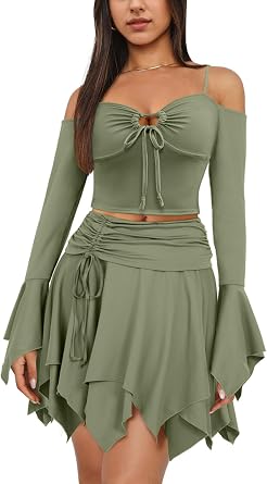 Ophestin Womens Y2K Fairy 2 Piece Skirt Set Off Shoulder Halloween Dress | Fairycore Y2K 2 piece set featuring an off shoulder handkerchief sleeve top and high low hem skirt, ideal for Halloween