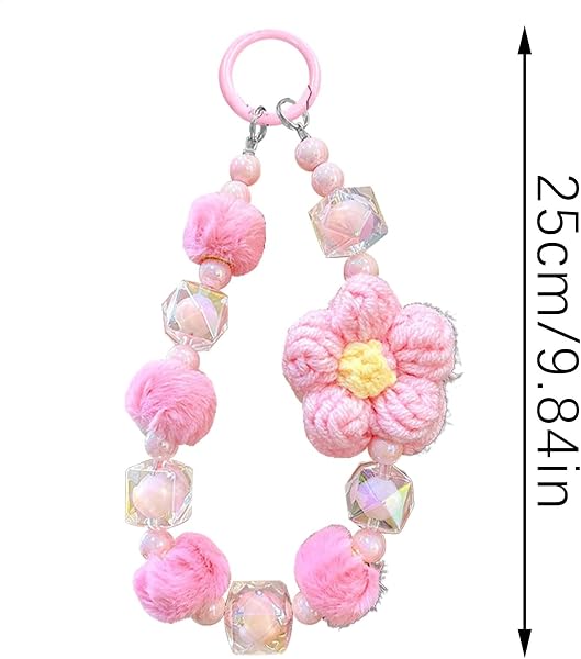 Beaded Mobile Phone Chain, Cell Phone Keychain, Wool Flower Keychain, Plush Ball Keychain, Beaded Key Ring, Wallet Wristlet Keycha - 5