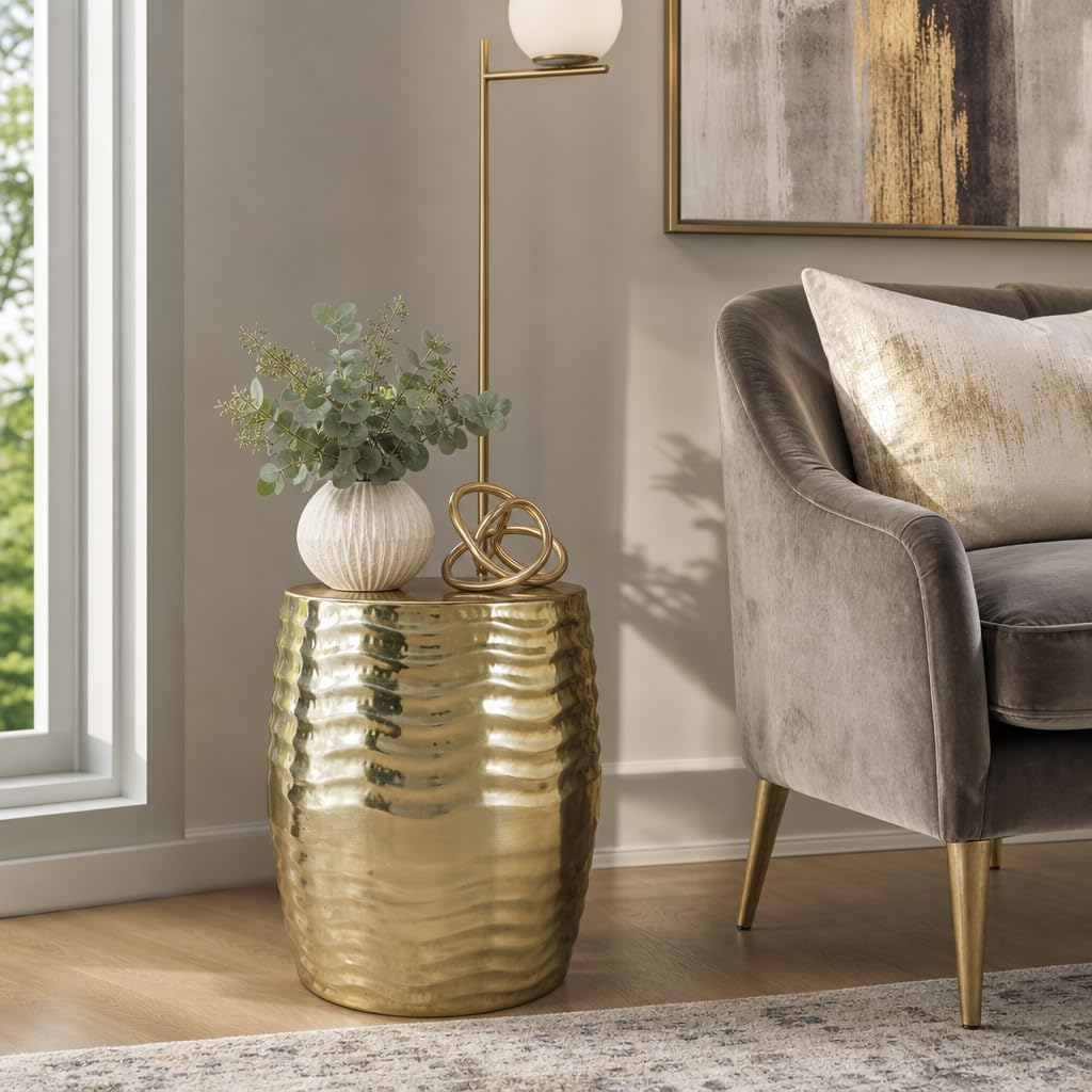 Classy End Table, Side Table, or Night Stand for Room Decor - Wavy Metal Drum Table with Flat Top for Home, Office, Bedroom, and Living Room - Elegant Accent Table Ideal for Small Spaces - 18" Gold