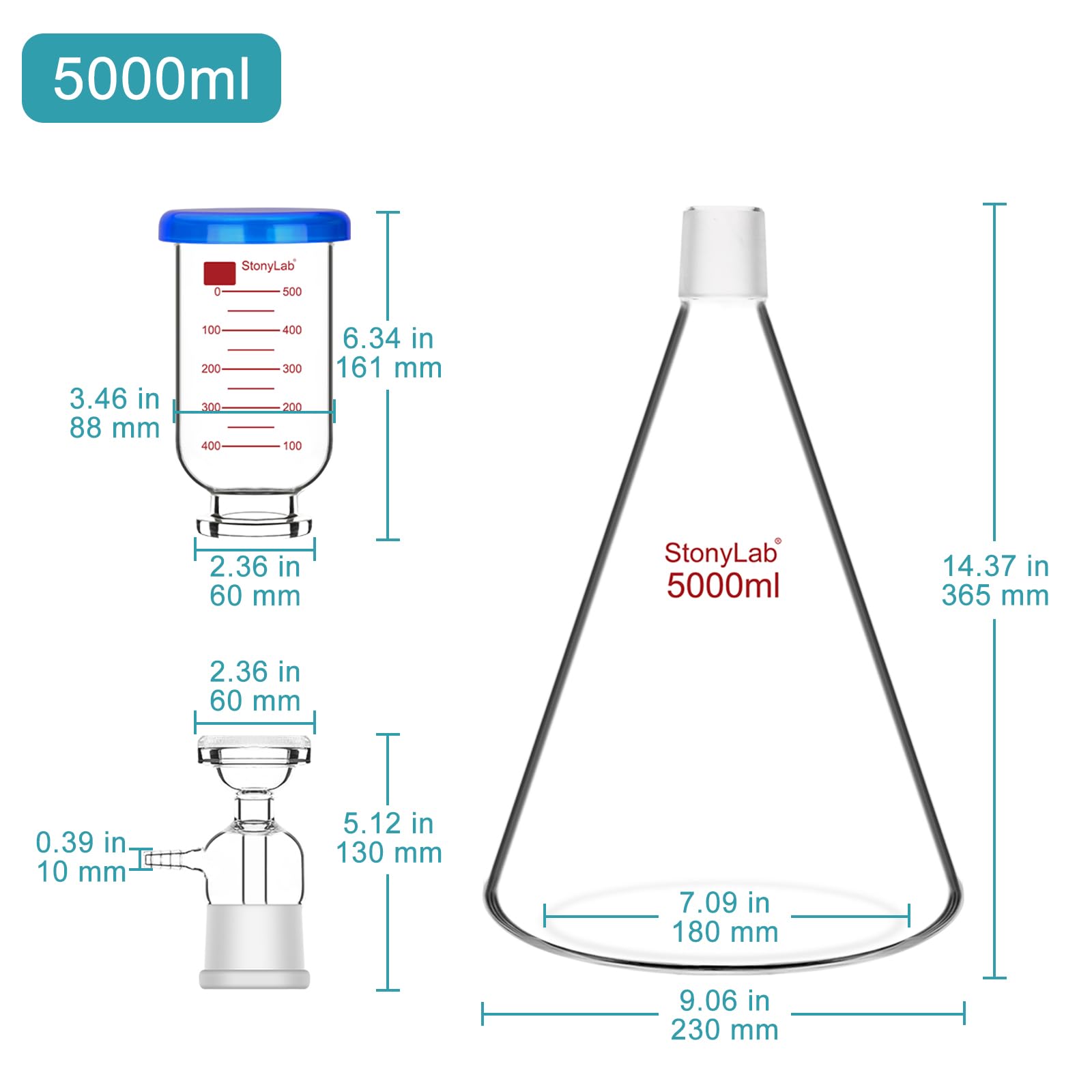 Aparato de Filtración de Vidrio, Kit de Filtro al Vacío de Borosilicato 5000 ml con Embudo Graduado 500 ml