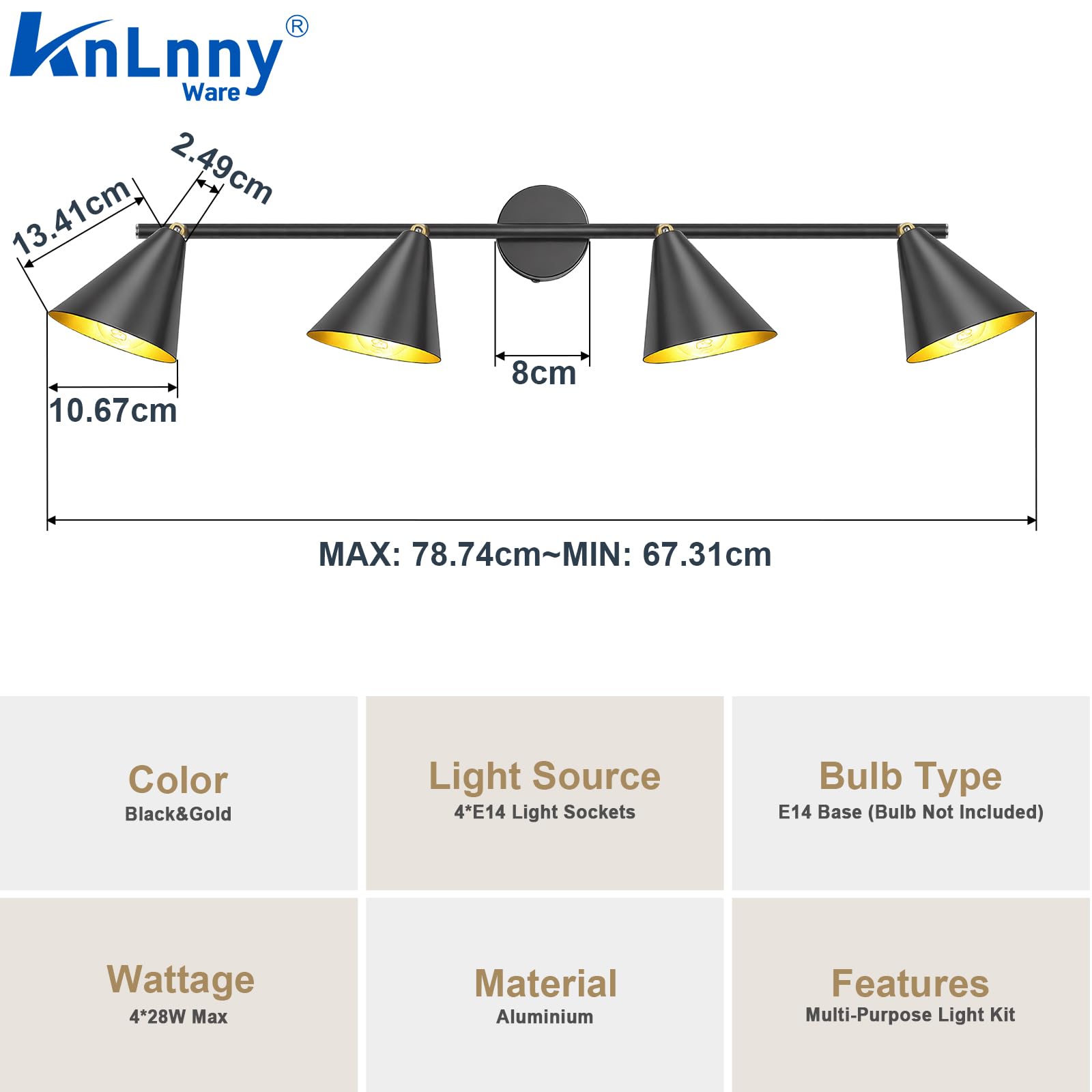 KnLnny Ware 4 Luci Nera Industriale Lampada da Soffitto e Parete, 350° orizzontale e 90° verticale regolabile con attacchi E14, Nero esterno Oro interno Lampada in Metallo Vintage, Senza Lampadine