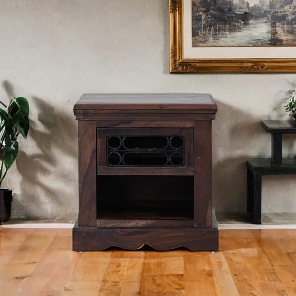 Royaloak Hilton Sheesham Wood Side Table | Wooden Side Table | Sheesham Wood | Drawer Storage | Side Table for Living Room | Jaali Work | Side Table with Drawer | Powder Coated Metal Accent-image-24