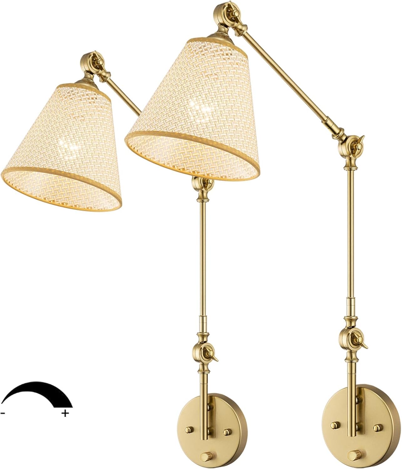 EE Eleven Master Industrial Hardwire Wall Sconce, White Shade,Brass Paint Finish Adjustable Arms with Dimmable Switch for Bedroom (2 Lights Without Bulbs)