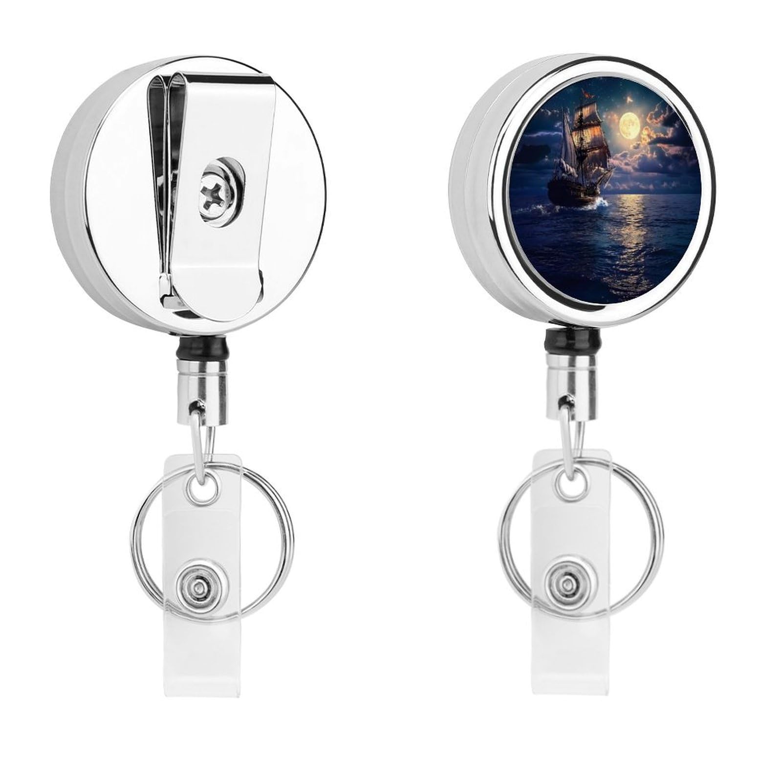Boat Seascape and Moon in The Sky Retractable Badge Holder Metal ID Name Holder Key Ring with Belt Clip