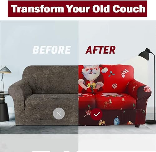 Miniatura 5 de Funda elástica para sillón de 2 piezas, con temática navideña, estampado de Papá Noel, decoración del hogar, extraíble, antideslizante, lavable,