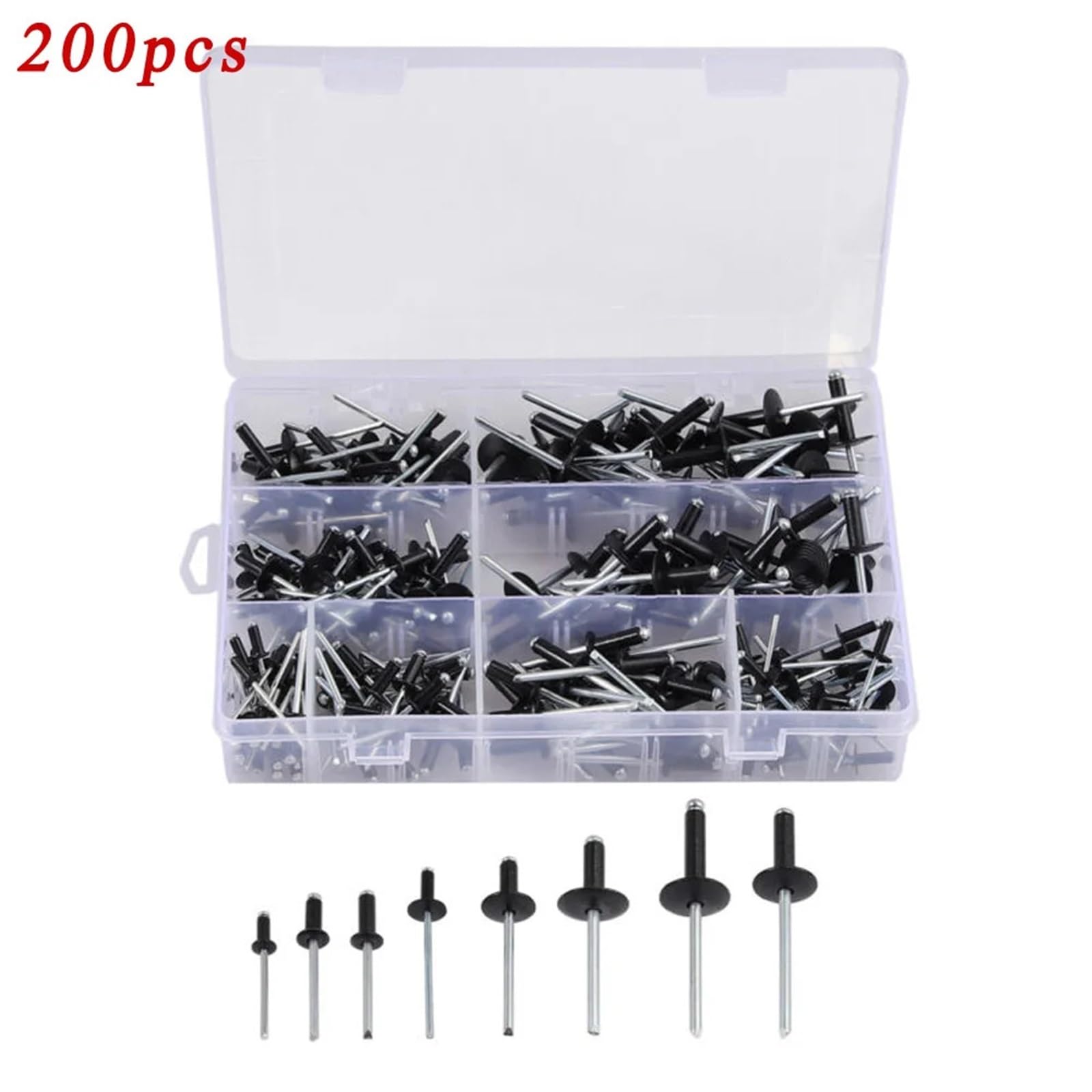 Lot de 200 rivets aveugles noirs assortis, 8-18 mm multi-grip ouverts