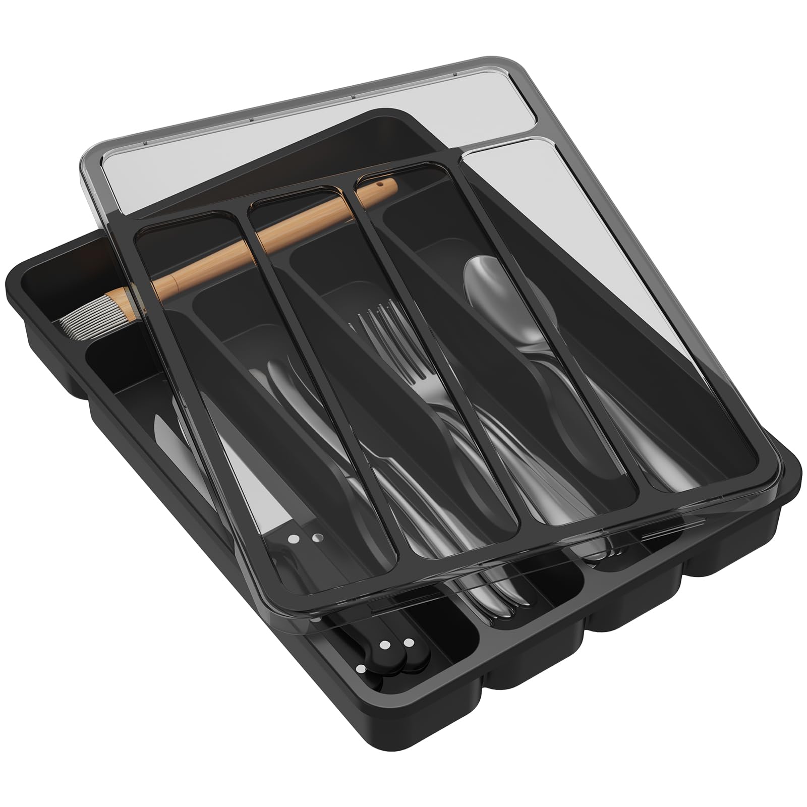 Lifewit Besteckkasten mit Deckel für Küchenschublade und Arbeitsplatte | 5 Fächer Besteckaufbewahrung, Besteckkasten aus Kunststoff für Löffel, Gabeln, Messer, Einsatz, 23,5 x 32 cm, Schwarz
