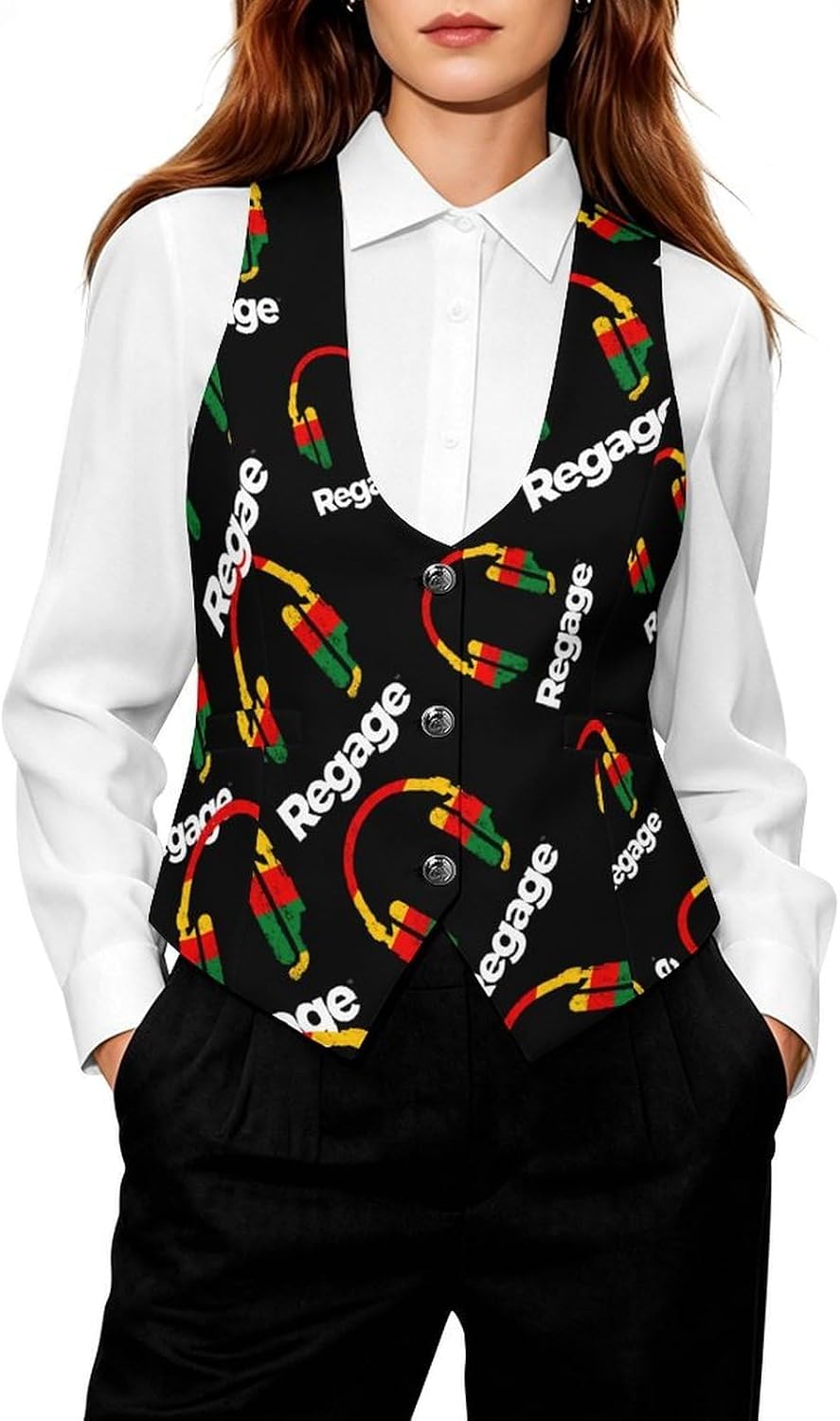 Reggae Music Jamaica Rasta Women's Suit Vest Top Button Blazer 5XL | V-Neck,Wasitcoat,with Pockets,Sleeveless Jackets,Business Dress,Slim Fit,for Work Office,Dressy Casual