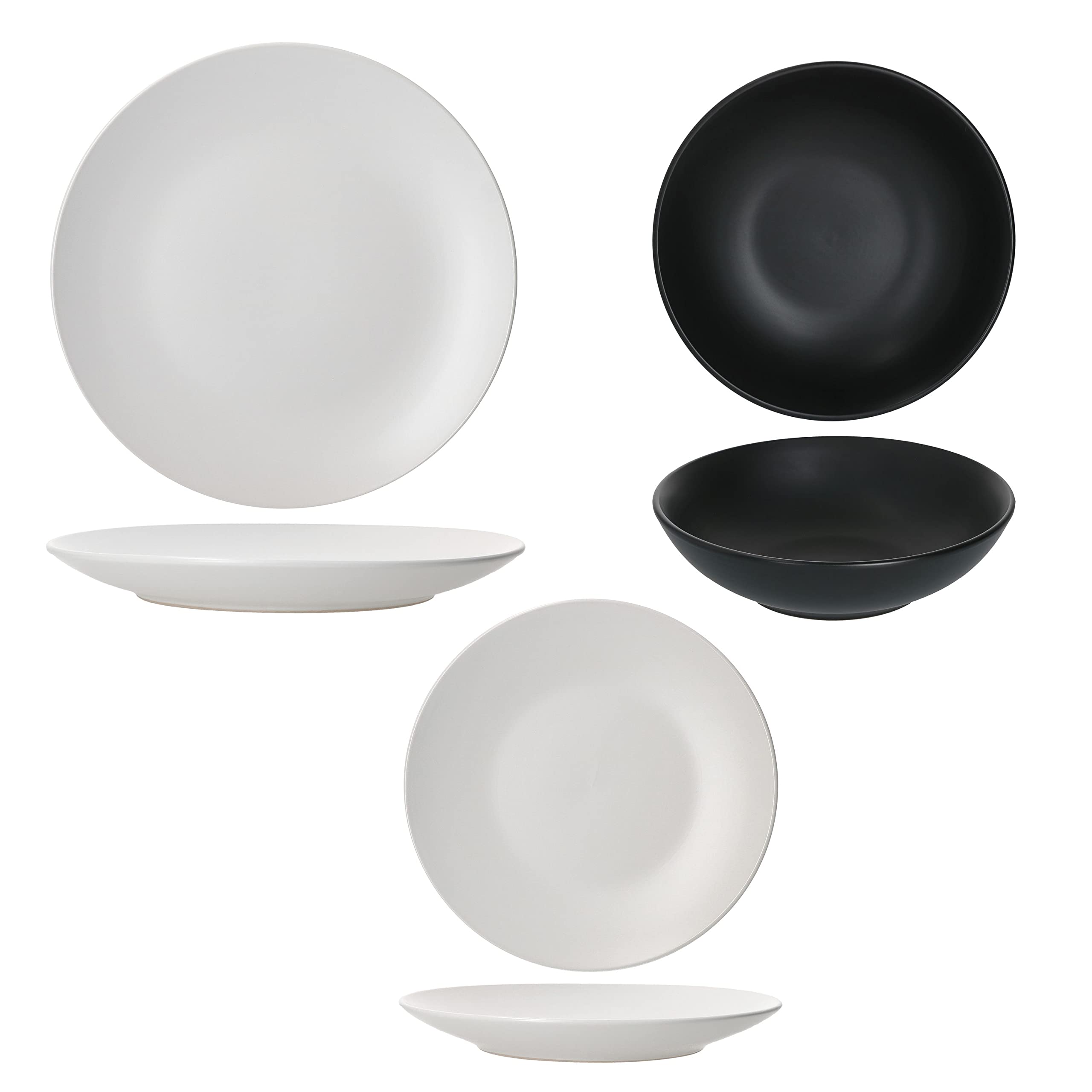 MamboCat Nero Bianco 18-TLG. Teller Set I 6 Personen I weißes & schwarzes Geschirr, matt I Speiseteller, Suppenteller & Kuchenteller I Steingut I Black & White I Essteller, Salat-Bowl, Desserteller