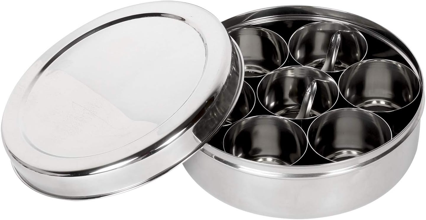 Mother's Day Gifts Stainless Steel Spice Container 7 Containers and Small Spoon Orange See Through Masala Box Indian Masala Dabba with size 8 X 8 inches