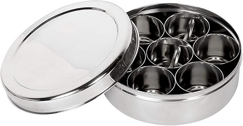 Regalos para el Día de la Madre, contenedor de especias de acero inoxidable, 7 recipientes y cuchara pequeña, naranja, transparente, caja Masala