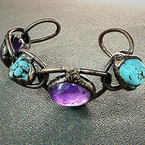 Purple Crystal Amethyst Turquoise Bracelet With Copper Open Bangle, Raw Gemstone Energy Healing Stone Handmade Bracelet, Fashion Gifts For Women #TOP2