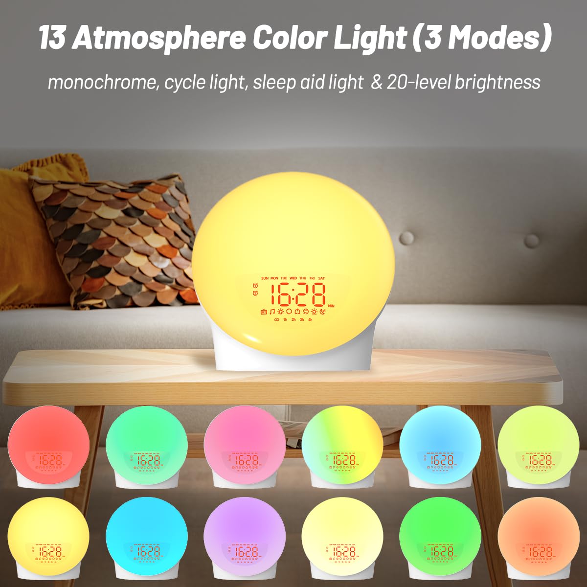 Réveil lumineux pour tout le monde, simulation du lever du soleil, aide au sommeil, double alarme, radio FM, répétition, veilleuse, 13 couleurs, 23 sons de sommeil, 28 tonalités d'alarme