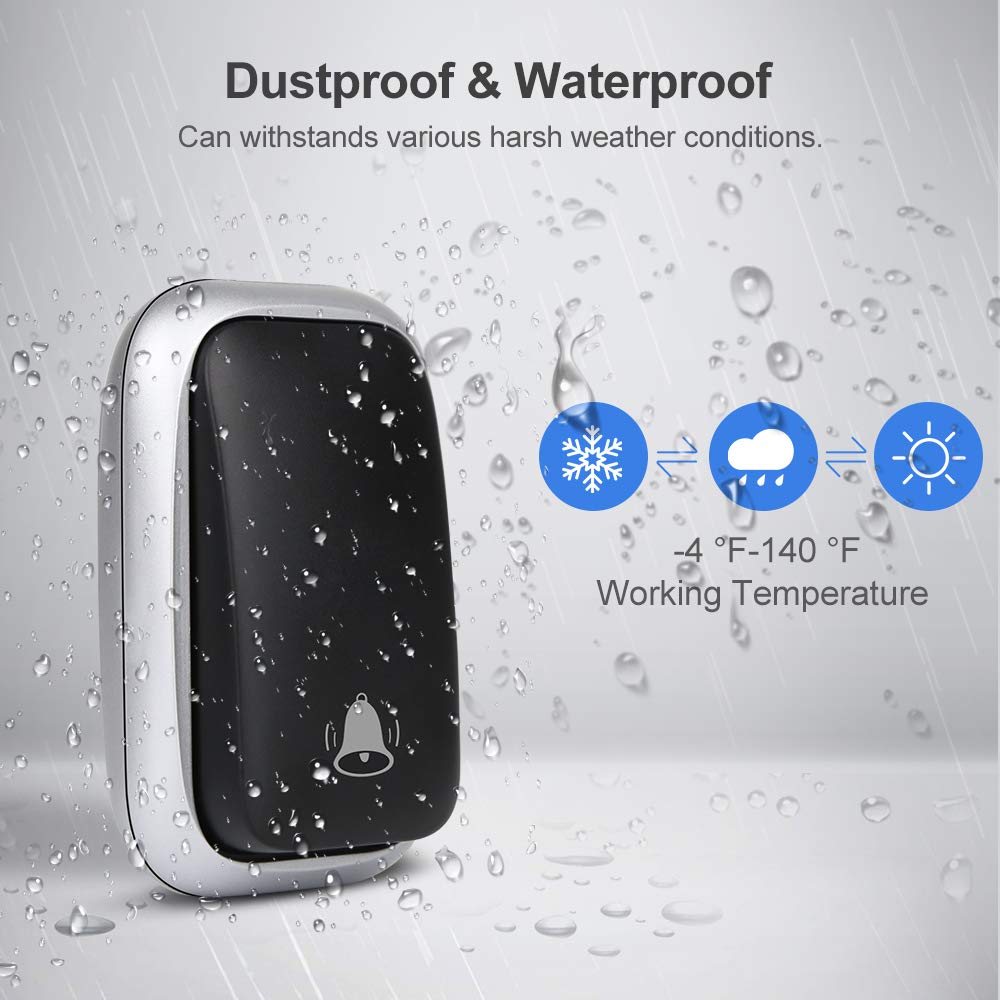 Campanello Radio Senza Batteria, PDGROW Campanello Senza Fili Impermeabile Campanello Wireless Autoalimentato Una Portata di 150m con 2 Ricevitori, 38 Melodie, 4 Livelli di Volume e Flash LED - Nero